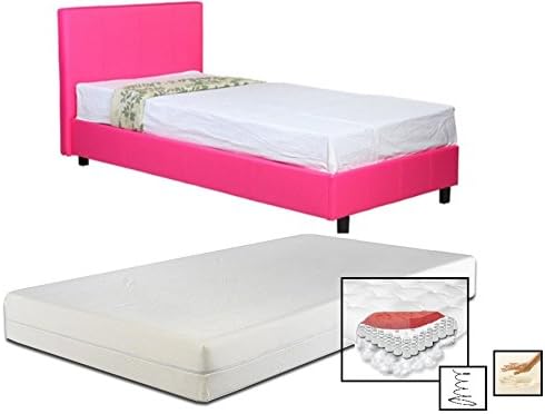 3ft Single Low Frame Pink Faux Leather Bed + Spring Memory Foam Mattress - Also available in Black, Brown + White