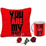 SKYTRENDS Printed Ceramic Coffee Mug with Cushion Cover, Keychain and Rose , Standard, Multicolour
