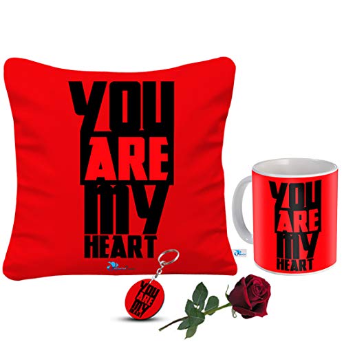 SKYTRENDS Printed Ceramic Coffee Mug with Cushion Cover, Keychain and Rose , Standard, Multicolour