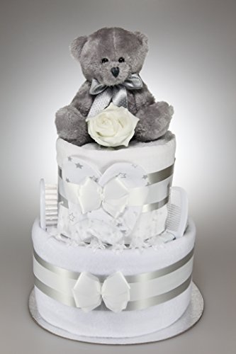 Baby Boy Girl Unisex Nappy Cake With Silver Teddy Bear New Baby Shower Gift Present (Two Tier)