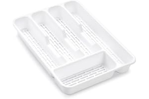 BRICOMIRAS Cubertero para cajón con 4 o 5 compartimentos con agujeros LIBRE BPA, organizador cubiertos con compartimentos apto lavavajillas, separadores de cajones para cocina 32cm (5compartimentos, Blanco)