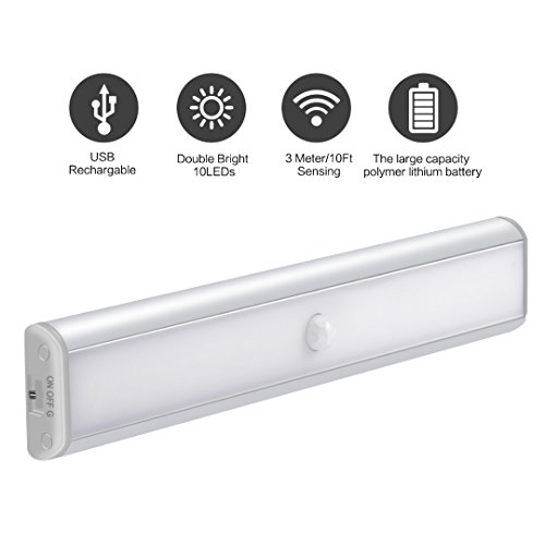 Preisvergleich Produktbild B-Redder Wiederaufladbar Innenbeleuchtung 10 LED Automatische Lichtleiste Bewegungsmelder Infrarot-Lichterfassung Lampe mit USB Kabel Magnetische Stick-on Drahtlose weiße Beleuchtung Lampenstreifen Nachtlicht für Schrank, Kleiderschrank, Küche, Treppenhaus, Flur, unter Schränke, Schränke, Schlafzimmer, Bäder(Weiß)