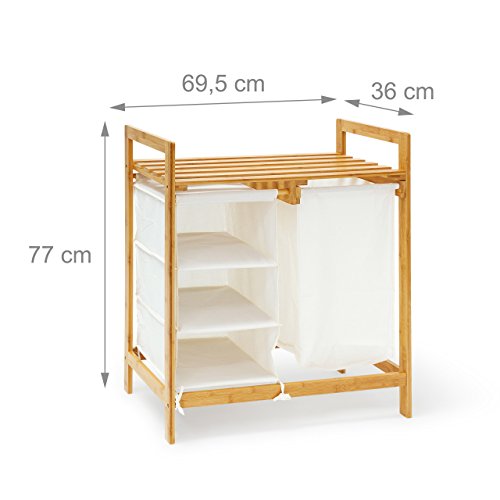 Relaxdays Wäschesammler Linea Bambus HxBxT: ca. 77 x 69,5 x 36 cm Wäschepuff mit 40 Litern Volumen 2 Ablagen und 3 Fächern als Wäschebehälter mit Wäschesack aus weißem Stoff und 2 Griffen, natur - 3