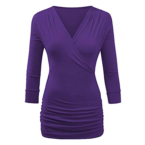 Télécharger Moonuy Femme Manchon sept-quart Top couleur unie Chemisier Femme Chic Casual Manches Longues Col V Livre PDF Gratuit