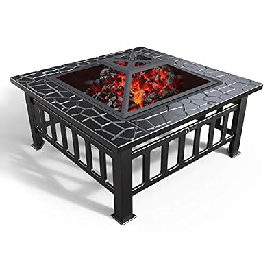 VOUNOT Brasero Exterieur pour Jardin Terrasses BBQ 3 en 1 Feu en extérieur Bac à Glaçons et Barbecue Brasero pour Fête et Foyer 81 * 81 * 45cm Poêle Chauffant Noir