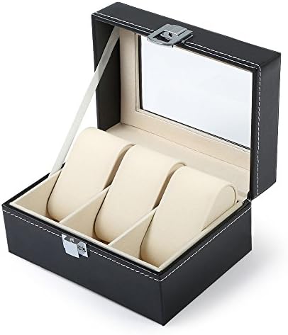 Taymee Lifestyle Mens Glass PVC Leather Clasp 3 Watch Display Case Fathers Day Gift Jewellery box Watch Box Case