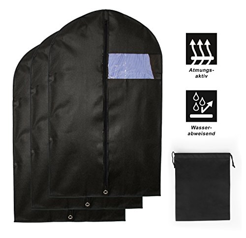 3x Premium Kleidersack | Atmungsaktive Kleiderhüllen inkl. SCHUHBEUTEL | Hochwertiger Vlies-Stoff | Robuster Reißverschluss | Kleidertasche für Anzug, Sakko, Hemden, Blusen | Schwarz | 100 x 60 cm - 9