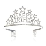 SWEETV Happy Birthday Tiara Kristalle Geburtstagsfeier Krone Erwachsene Kinder Diadem mit Haarkämme, Silber