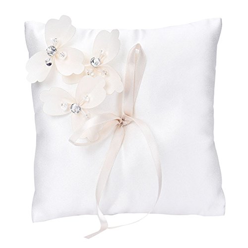Stil Satinband Schleife Hochzeit Ring Kissen Pocket Kissen mit Pearl Flower Party Dekoration Supplies – Kleine, 14 x 14 cm Beige Blume