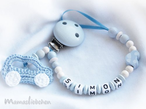 Personalised Dummy Clip with name, soother chain, dummy holder, pacifier clip - car light blue #1052, handmade by mamasliebchen