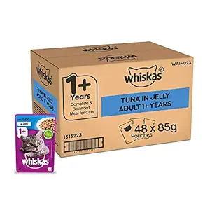 Whiskas Wet Cat Food for Adult Cats (1+Years), Tuna in Jelly Flavour, 48 Pouches (48 x 85g)