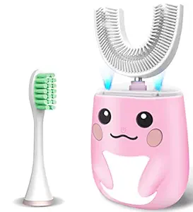 KRX Kids Toothbrush Electric, U Shaped Sonic Autobrush Toothbrush with 2 Brush Heads, Six Cleaning Modes, Cartoon Modeling Design for Kids (2-7 Years Old) (Pink)