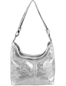 Echt Leder Metallic Damen Tasche Shopper Hobo-Bags Schultertasche Umhängetasche Handtasche Henkeltasche Silber