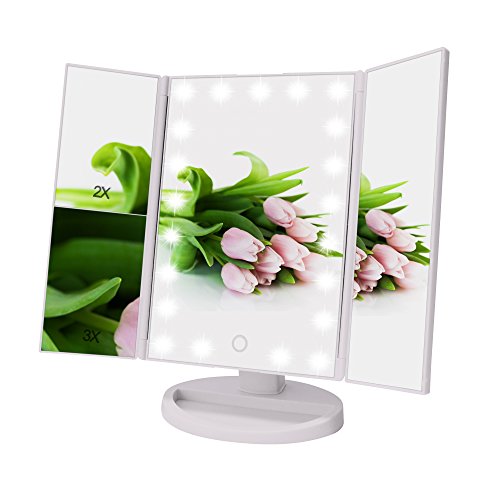 Dimmbare Tri-Fold Make-up-Spiegel mit 21 LED-Leuchten 180° frei drehbare Arbeitsplatte 1X & 2X & 3X Vergrößerungs-Kosmetikspiegel für Travel Home Badezimmer USB-oder batteriebetrieben(Weiß)