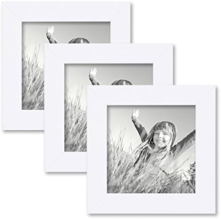 Set of 3 Picture Frames with Dimensions of 10x10 cm / 4 x 4 Inch, in White, Modern, Solid Wood, with Glass Insert, including Accessories / Photo Frame