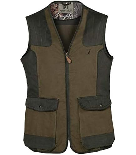 Gilet De Chasse Percussion Tradition Brodé Sanglier - Kaki Déperlant, Poches Cartouchières, Homme Mi-Saison