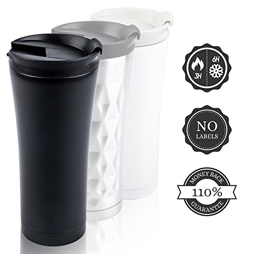 Taza termo te & cafe 0.45L (450 ml) a prueba de fugas. Mate Negro aislante taza térmica del diseño. Sin BPA, superior negro / blanco acero inoxidable - 110% de garantía de devolución de dinero