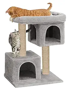 Mellifluous Cat Kitten Scratching Post Activity Tree | Plush Fur Fabric | Condo & Detachable Bed | Jute Rope (Grey) (Height 26 Inch)