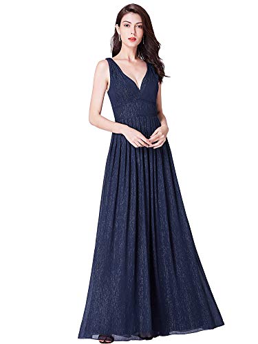 Ever-Pretty Grand V Robe de Soirée Longue Femme en Mousseline de Soie Brillant Bleu Marine 38