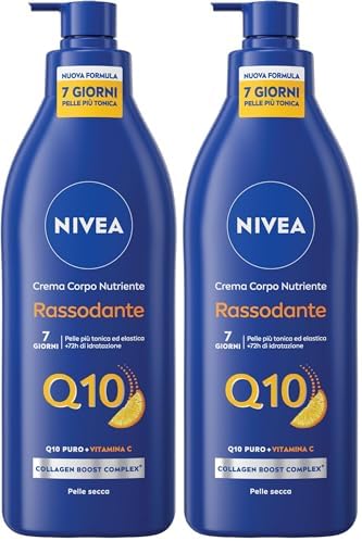 NIVEA Q10 Crema Corpo Nutriente Rassodante 400 ml, Crema rassodante corpo con Coenzima Q10 Puro e Vitamina C, Crema corpo idratante pelle secca 72h per una pelle più tonica ed elastica