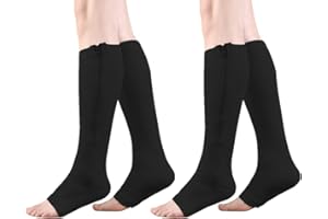 HYCOPROT Calcetines Compresión con Cremallera para Mujeres y Hombres 2 Pares Puntera Abierta Medias de Compresión 15-20 mmHg para Varices Correr Enfermeras Embarazo Viajar