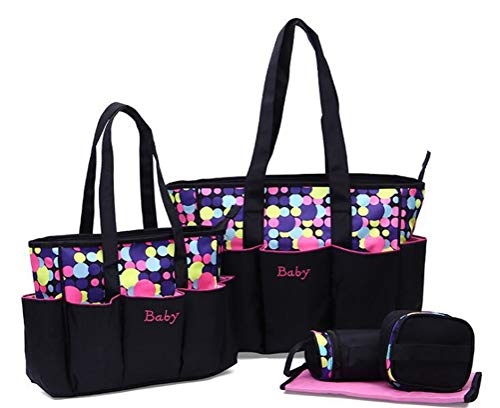 Jiahe 5pcs Grande Borsa per Pannolini per Bambini Set con Stampa a Pois per la Mamma Borsa a Mano per maternità maternità Che Cambia Borse per Pannolini Organizer per la Cura del Bambino,Pink