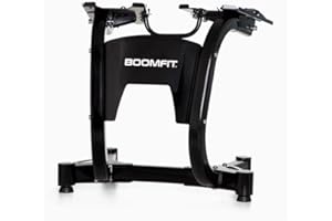BOOMFIT - Soportes para Mancuernas Ajustables | Doble plataforma estable | Correa con cierre de seguridad | Capacidad 200 kg | Acabado en pintura en polvo antirrayas | Ordena tu entrenamiento