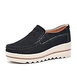 plateau slipper tamaris  Damen Mokassins Plateau Wildleder Schlupf Loafers Halbschuhe Sneaker mit Keilabsatz 5cm Schwarz Blau Khaki 35-42 Schwarz 38