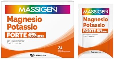 Massigen - Magnesio e Potassio Forte Zero Zuccheri, Gusto Arancia Rossa, Integratore con 5 Sali di Magnesio e 3 Sali di Potassio, 24 Bustine da 8 g