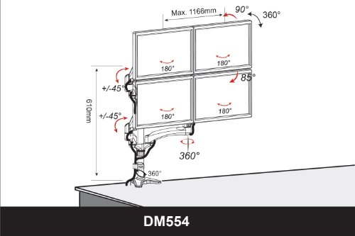 Duronic DM554 Spring Quad Four LCD LED Sprung Desk Mount Arm Monitor Stand Bracket with Tilt and Swivel (Tilt -90°/+85°Swivel 180°|Rotate 360°) + 10 Year Warranty