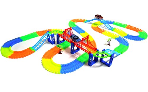 360 Pieces Magic Car Tracks Set Amazing Flexible Bendable Glow in the Dark Racetrack with 2 LED Light Up Cars for Kids - Small Tracks