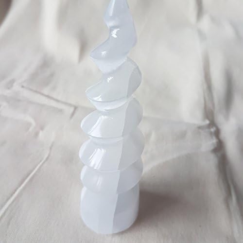 Selenite Polished Unicorn Horn Wand 15cm Satin Spar Gemstone Spiral Crystal Freestanding Piece for crystal healing, energy transformation and blockages, cleansing, decoration and photography, crafts