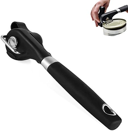 Manual Can Opener YIGER,Safety Smooth Edge Handy Food Grade Stainless Steel Tin Openers with Ergonomic Soft Grip Handle and Turn Knob Black