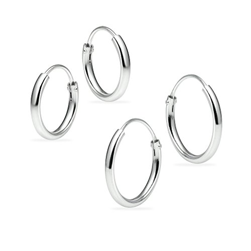 Juego de dos pendientes de aro unisex de plata de ley, pequeños, de 1,2 mm x 10 mm y 12 mm, ligeros, finos y redondos, varios colores