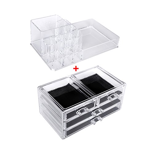 Songmics Acryl Kosmetik aufbewahrung Organizer Schubladen 24 x 13,5 x 18,5 cm 2 Ebenen 4 Schubladen große JKA001 - 7