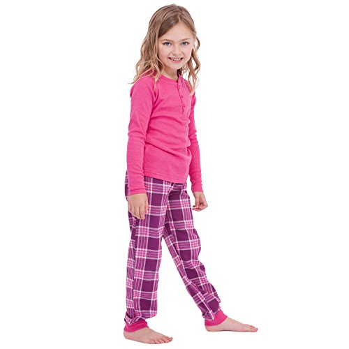 Girls Flannel Bottom & Top PJ Set - Pink Top / Purple Check Bottoms, Age 10-11