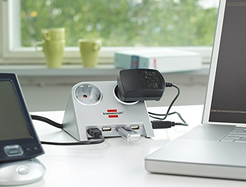 Brennenstuhl Desktop-Power-Plus, Steckdosenleiste 2-fach (Tisch-Steckdose mit 1,8m Kabel, 4-fach USB-2.0-Hub und 5V-Buchse) Farbe: silber - 5