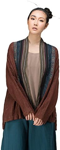 JIQIUGUER Women's Ethnic Style Linen Cotton Long Sleeve Striped Kimono Short Cardigan Tops Shirts Coffee Large