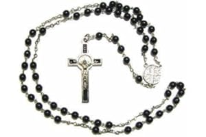 R. HEAVEN St. Benedict black glass rosary beads with silver tone