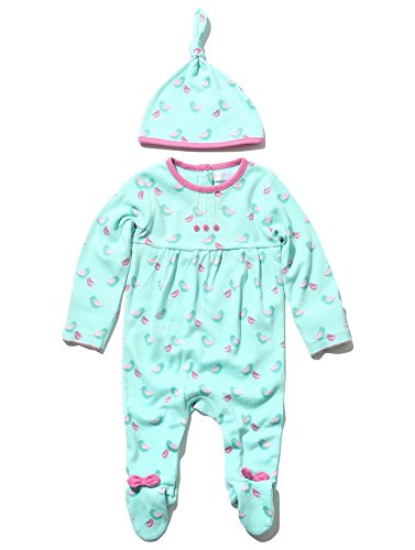 M&Co Baby Girls Long Sleeve 100% Cotton Cute Bird Print Bow Detail Sleepsuit And Hat Set Teal 0/3 Mnths