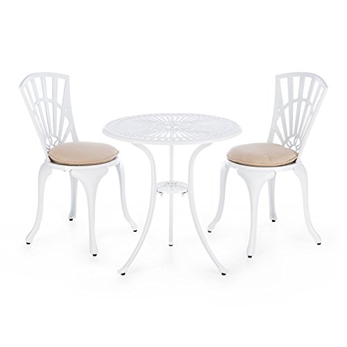 Blumfeldt Valletta Bistro-Sitzgarnitur Gartengarnitur (ornamentverziert, witterungsbeständige Beschichtung, für innen und außen, Druckguss-Alu, Sitzkissen) weiß - 6