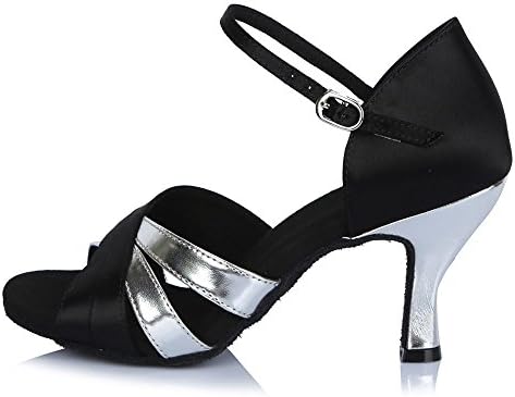 YFF Women Ladies Ballroom Latin Dance Shoes soft Suede sole Tango,Black silver 65mm,5.5