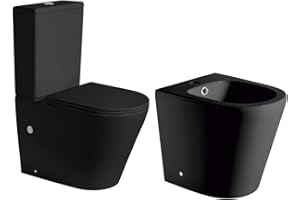 B BAÑO TOTAL Pack Wc Inodoro NEGRO MATE Completo Redondo Rimless de Fondo Reducido con Cisterna y Tapa Extrafina con Caída Amortiguada + Bidet NEGRO MATE a Suelo de Baño Redondo