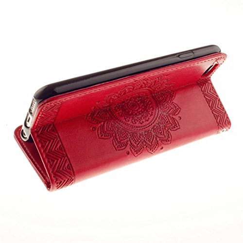 MUTOUREN für iPhone 7 4.7 Zoll Hülle Schutzhülle PU Leder Bookstyle Handyhülle Brieftasche Wallet Schale Portemonnaie Klapphülle mit Standfunktion Taschen kratzfeste Stoßfest Magnetic Snap Bumper Schale – Geprägte Muster indische Mandala Rot + Stylus Touch Pen - 6