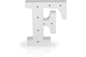 K AKTUAL Letra F en Madera Blanca Iluminada con 8 Luces LED - Decoración e Iluminación de Escaparates o Espacios - Ideal para Apoyar o Colgar - Funciona con Pilas AAA - Altura 15 cm - Aktual