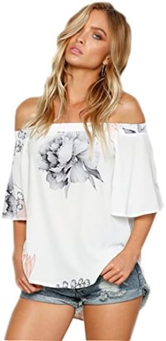 Vest Tops Women, LMMVP Off Shoulder Floral Printed Sleeveless Blouse Casual Tank Tops T-Shirt (2XL, White(Cotton Blend))