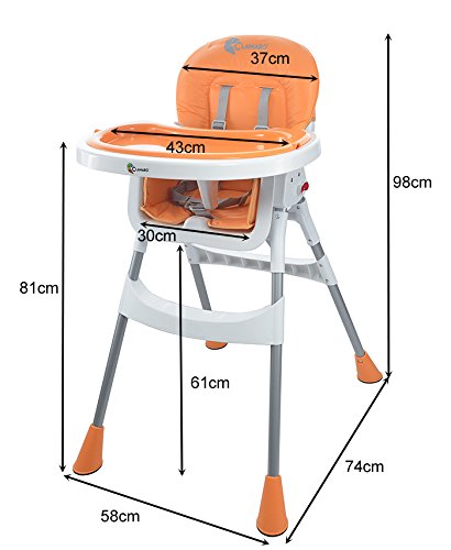 Clamaro „babyHIGH“ Kinder Baby Hochstuhl (5 Farben wählbar) mit Sicherheitsgurt und 2in1 Tablett, Babyhochstuhl klappbar, gepolstert, mit abwischbaren Sitzpostern und mit rutschfesten Standfüßen - 5