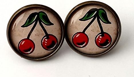 Cherry Earrings Antique Bronze Studs Jewellery Tattoo Rockabilly Kitsch Retro BN