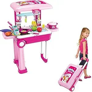 NHG FAB Kitchen Set for Kids Girls Big Cooking Set Light and Sound Portable Trolley Pretend Play Toys Battery Operated, Multi Color (Little Chef Set 2 in 1 @)