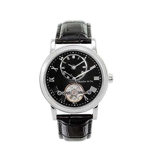 Boudier and Cie Automatik Uhr Armbanduhr für Männer Herren mit zwei Zeitzonen Analoge Anzeige Zifferblatt und Leder Armband in Schwarz Klassische Herrenuhr Männeruhr B15H9